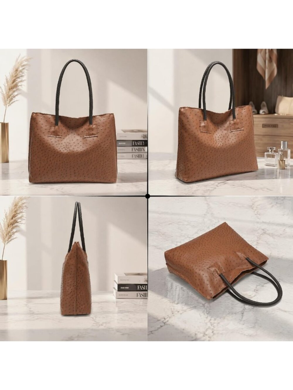 Stylish Large Tote Bag for Women - Ostrich Leather Shoulder Handbag with Pouch - Picture 7 of 7